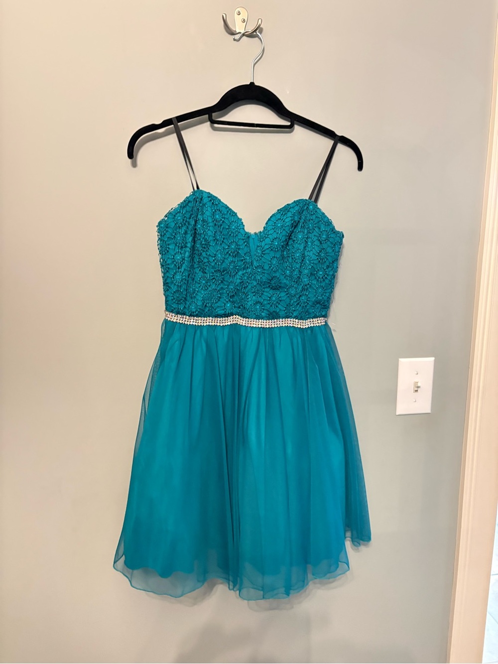 City Triangles Teal Lace Bodice Chiffon Party Dress with Rhinestone Waist